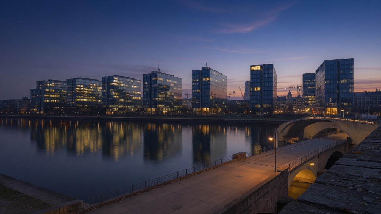 Szklane wieżowce nad rzeką o zmierzchu i puste nabrzeże.