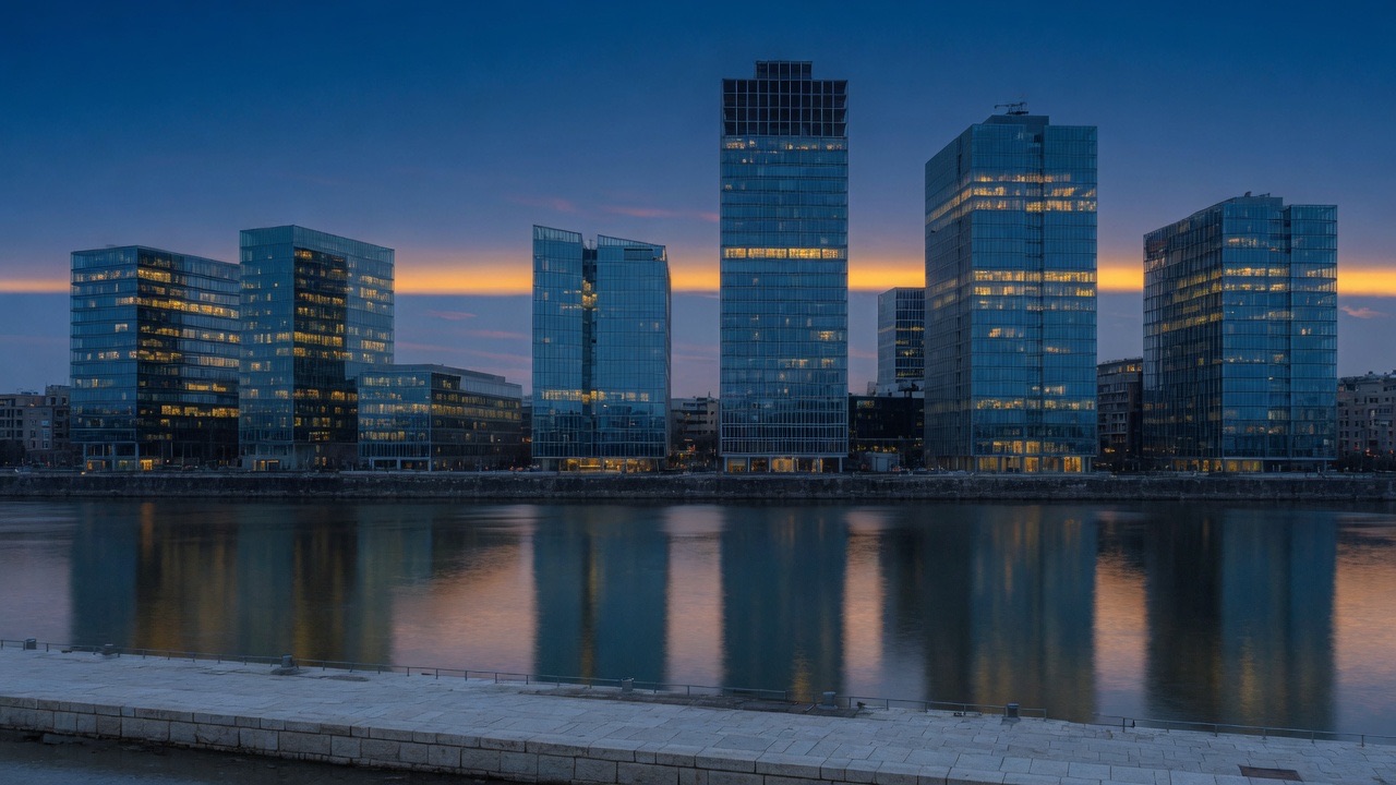 Szklane wieżowce dzielnicy finansowej nad rzeką o zmierzchu, z odbiciem w wodzie – ilustracja do godzin sesji Xetra.